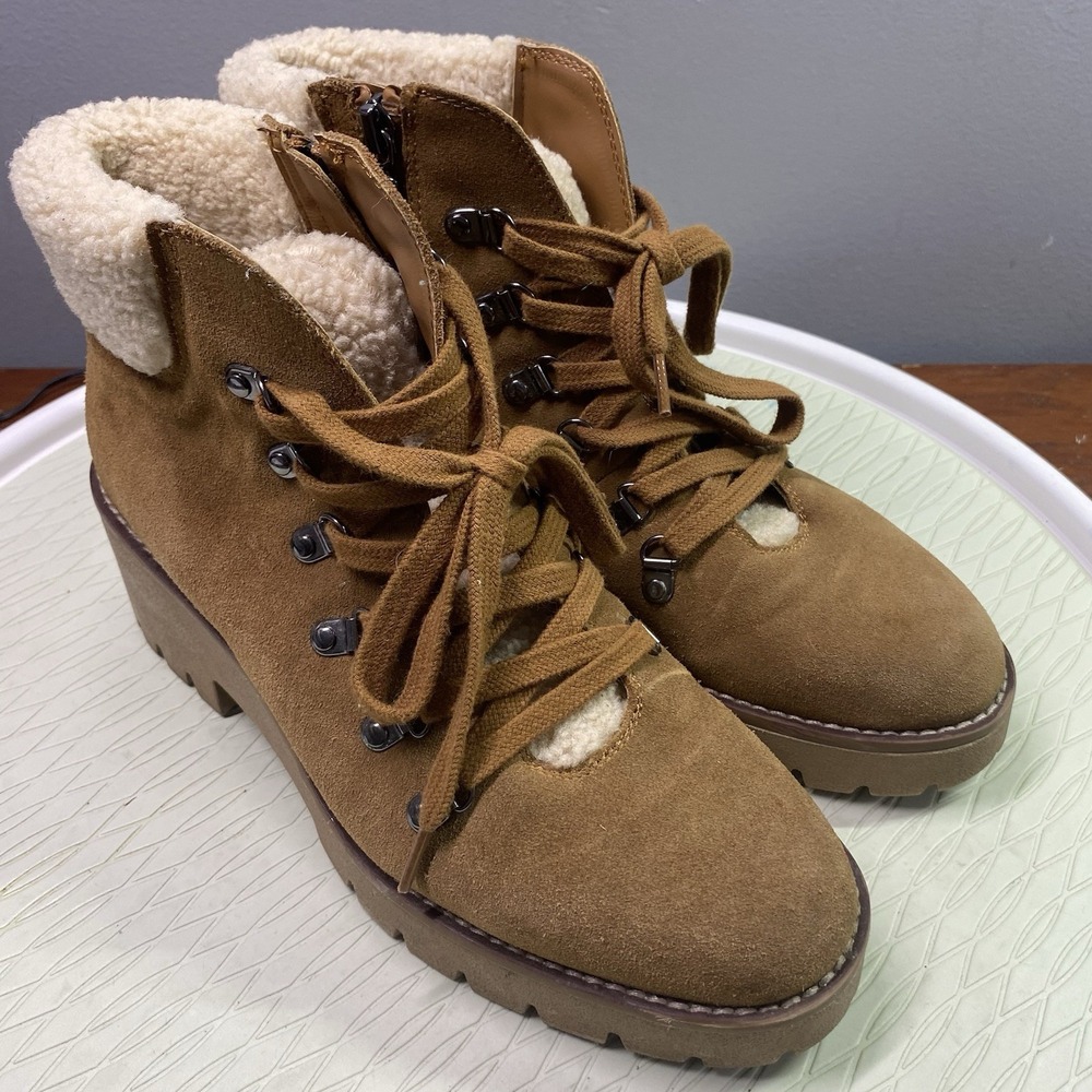 Blondo Tan Suede Lace-Up Sherpa Ankle Boots